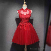 Red Lace High Neckline Tulle Short Homecoming Dress Party Dress, Red Formal Dresses